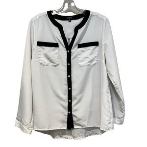 Elementz tab sleeve button front collarless long sleeve blouse size medium